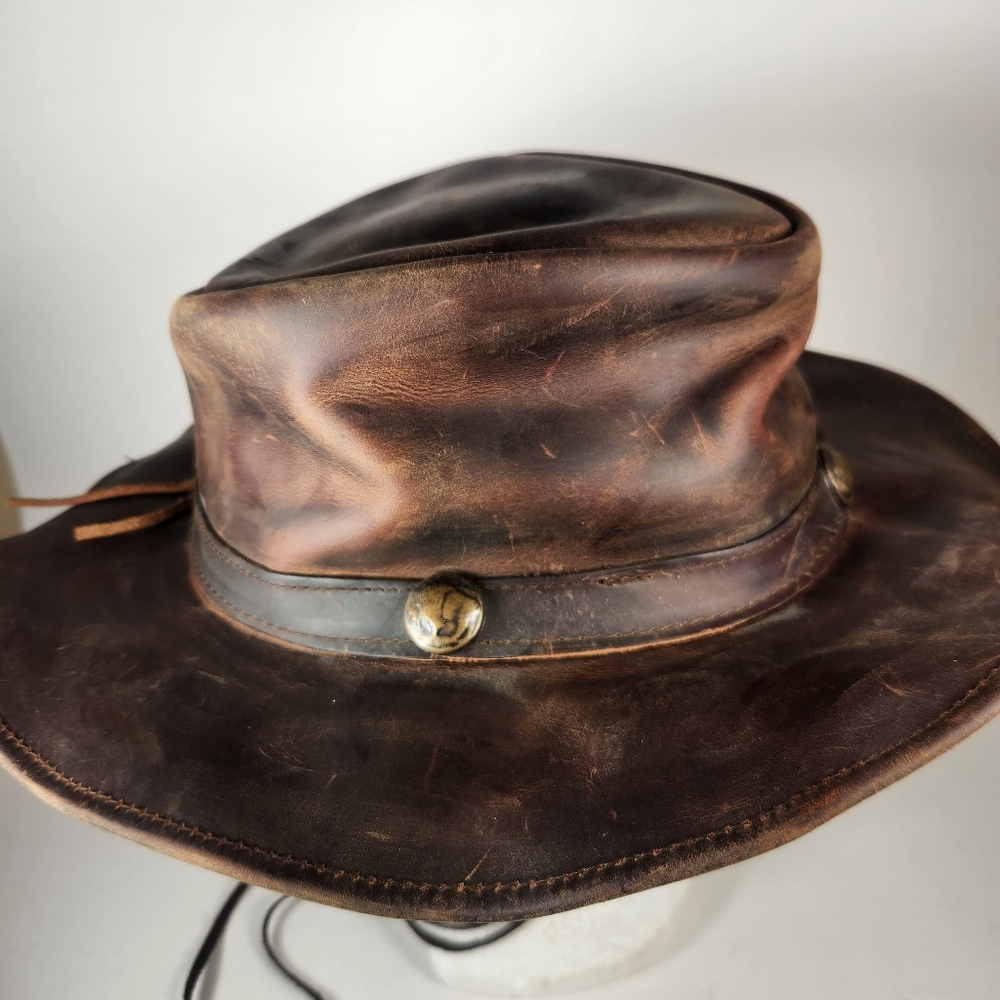 OUTBACK TRADING CO Cowboy Hat Men's Medium Brown Oiled Leather Cheyenne Western - Picture 12 of 12